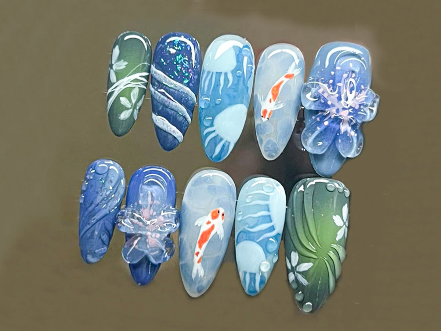 Ocean-Inspired Press On Nails with 3D Oceanic | y2k nails | Ocean Nails | Fake Nails | Y2k - Inspired Nail Art | Gift for her| J282