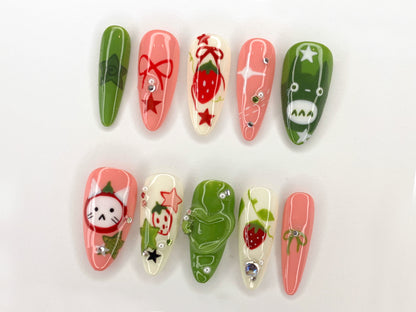 Ghibli Long Almond Press On Nails | Free Style Handpainted Cartoon in Fake Nails | Anime Nails Art | Miffy Nails | Abstract Nails| J284