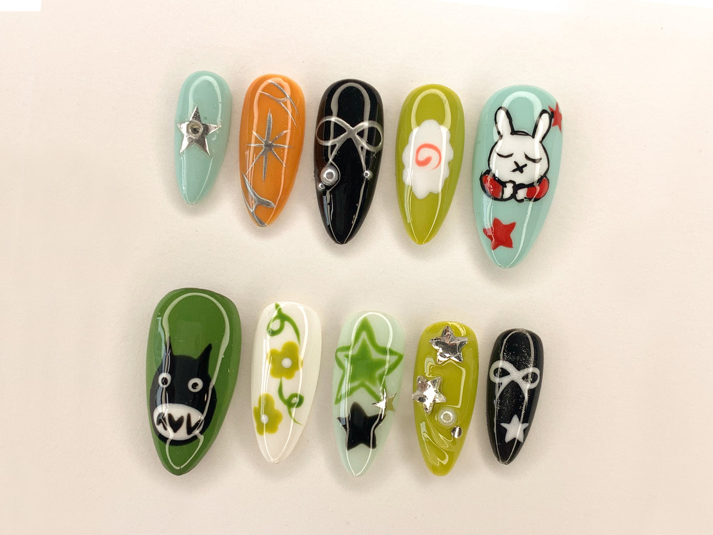 Ghibli Design Press On Nails | Free Style Handpainted Cartoon in Fake Nails | Anime Nails Art | Miffy Nails | Abstract Nails| J285