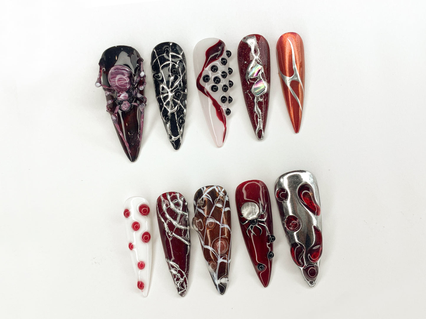 Gothic 3D Nail Art | Spooky Spider Web and Blood Red Designs | Handmade Press On Nails for Halloween and Dark Aesthetics | J298