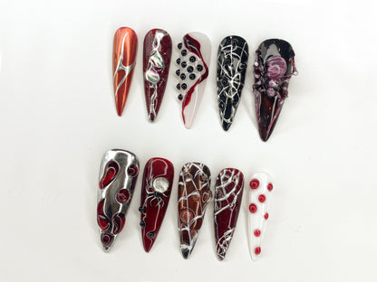 Gothic 3D Nail Art | Spooky Spider Web and Blood Red Designs | Handmade Press On Nails for Halloween and Dark Aesthetics | J298