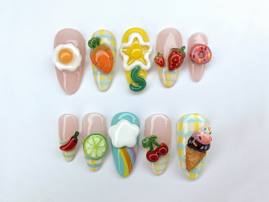 Fun and Whimsical 3D Nail Art Set | Food and Fruit Designs with Eggs, Carrots, Ice Cream, and More | Handmade Press On Nails | J299