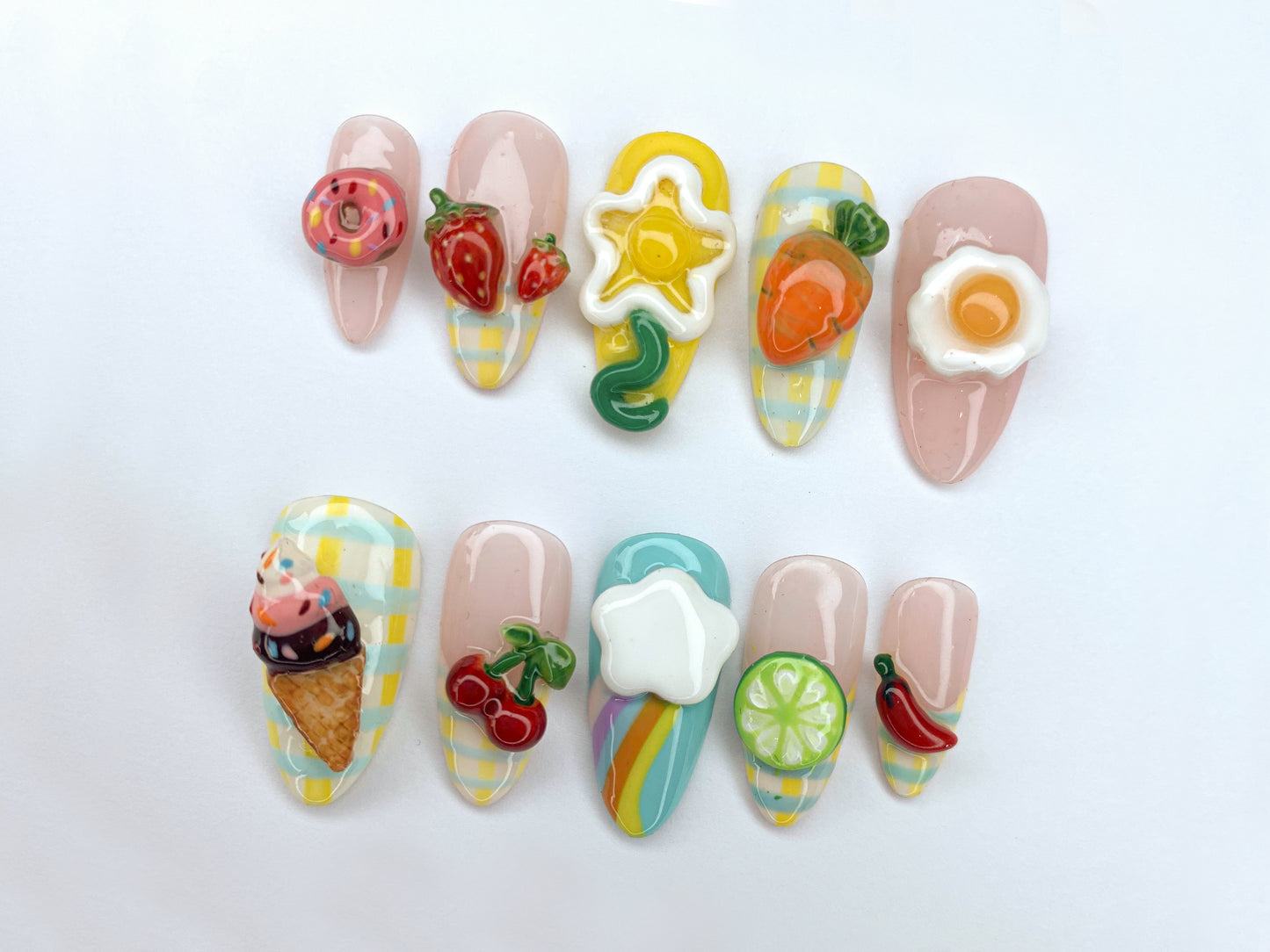 Fun and Whimsical 3D Nail Art Set | Food and Fruit Designs with Eggs, Carrots, Ice Cream, and More | Handmade Press On Nails | J299