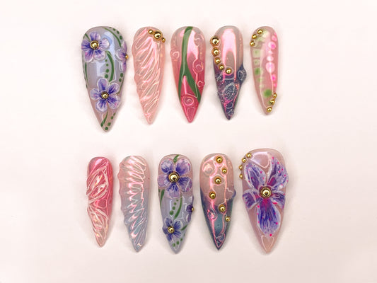 Floral Elegance 3D Press On Nails | Handcrafted Press On Nails with Delicate Flower Designs | Perfect for Spring and Summer | J300