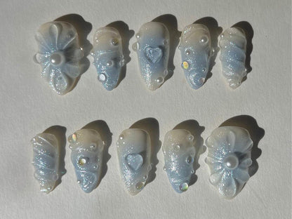 Blue Ocean Press On Nails | Pearl and Heart Charms | Pretty Gel Designs | Summer Nails | JT398