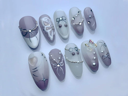 3D Butterflies Press On Nail | Custom Handpainted Acrylic Purple Spring Fake/False Nails | Purple Nails | Fairycore Nails | J148