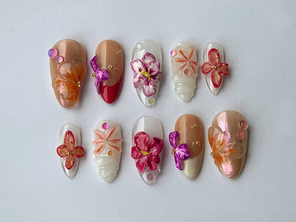 3D Dry Orchard Flower Press On Nail | Almond Nails | Custom Handpainted Acrylic Spring Fake/False Nail, Floral Nails | Dreamy Nails | J178