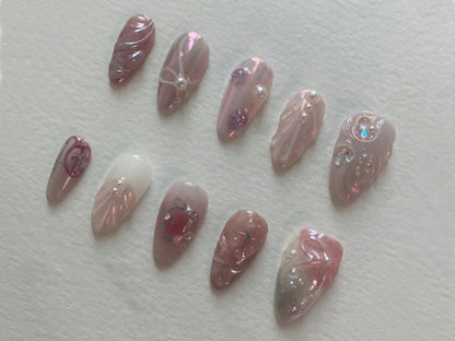 Pearly Pink Press On Nails | Y2K Pink Opal 3D Design | Retro Y2K-Inspired Press-On Nail Set | Perfect Makeup Companion | JT227
