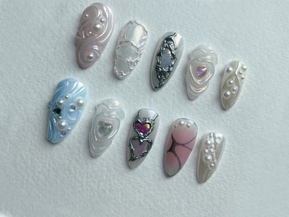 Fresh Cute Nails : Freestyle 3D Raised Gel Nail Set with Heart and Pearl Patterns | Unique Nail Art Design | 3D Gel Press On Nails | JT217