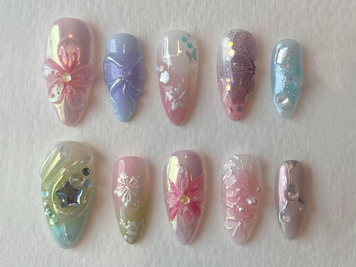 Y2K-Inspired Nails : Style Light Pink Nail Set with 3D Flower Patterns and Cute Bows | 3D Flower Gel Art | Press On Nails | JT252