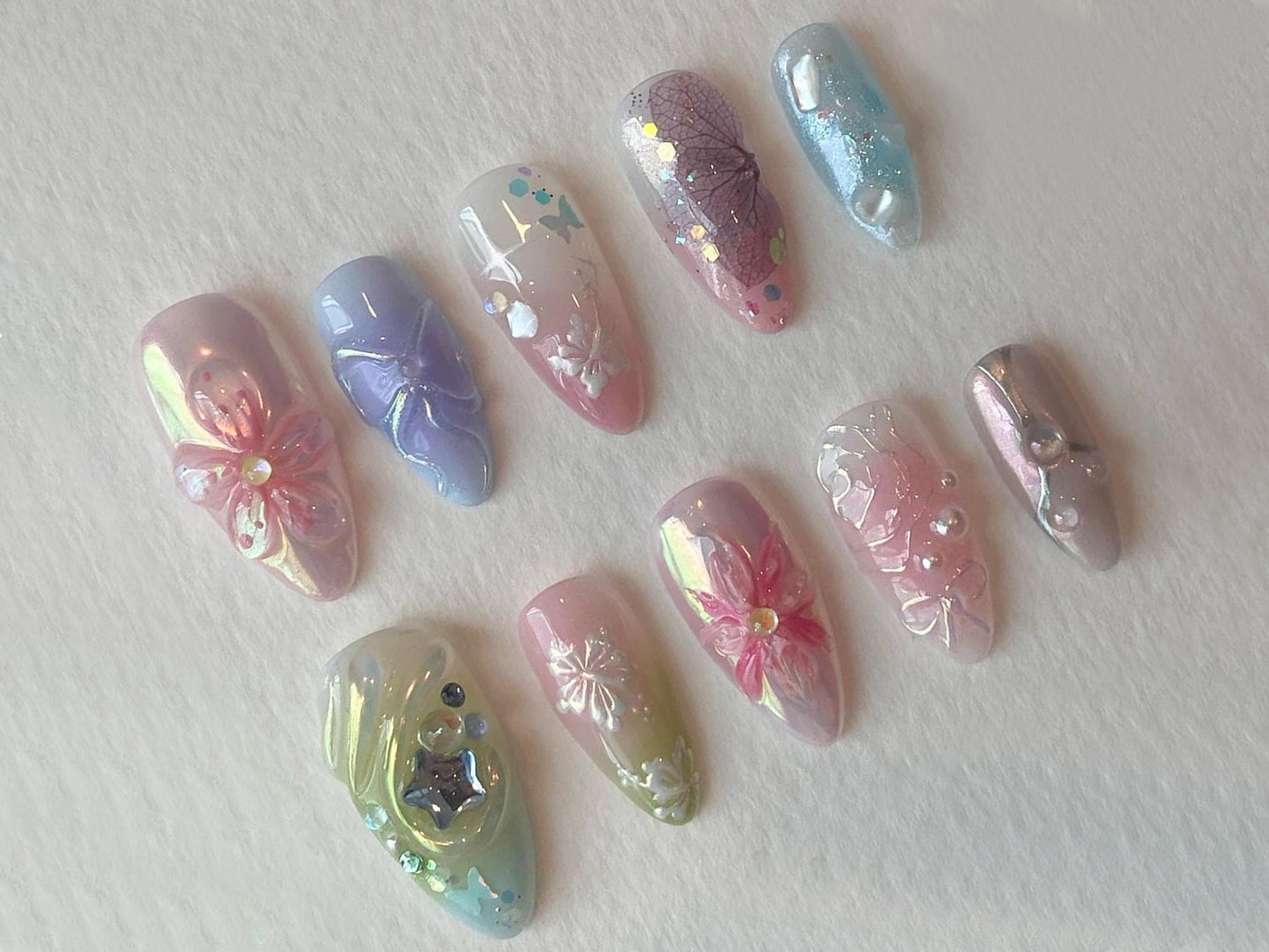Y2K-Inspired Nails : Style Light Pink Nail Set with 3D Flower Patterns and Cute Bows | 3D Flower Gel Art | Press On Nails | JT252