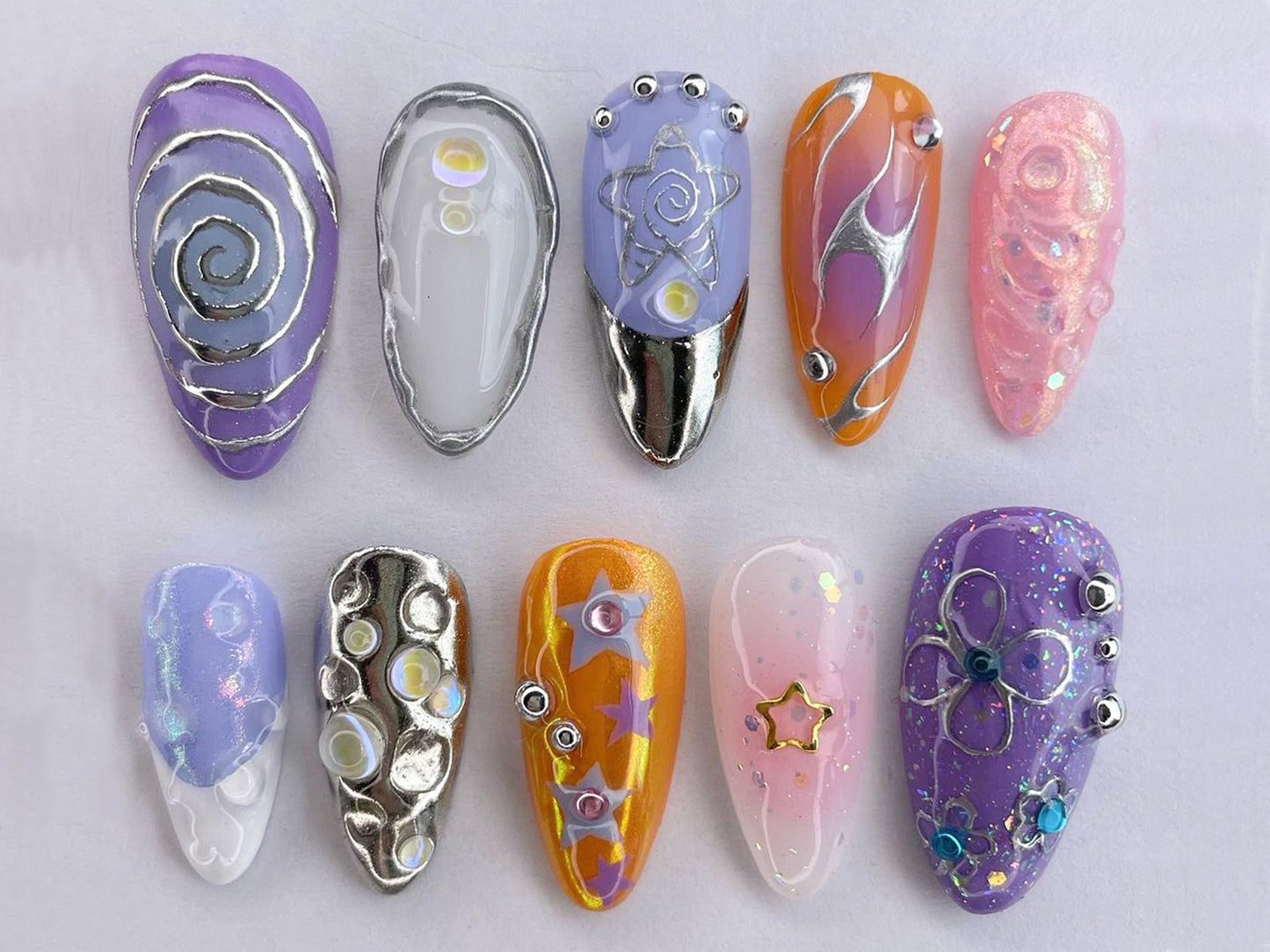 Y2k Orange Lilac Nail Set | 3D Raised Gel Patterns and Silver Accents | Y2K Fashion Nails | Press On Nails | Nail Art | JT250