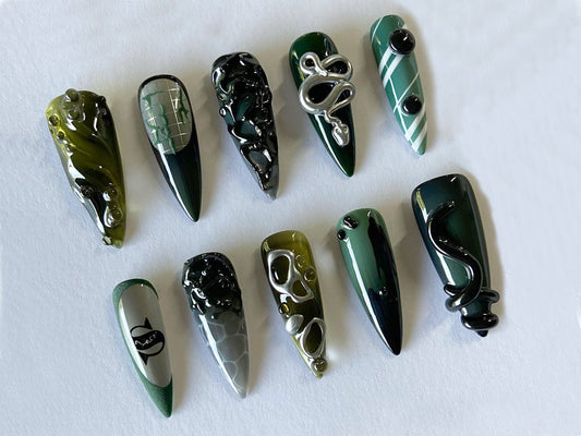 3D Snake Press On Nails | Unique Silver Green Nail Art with Snake Patterns | 3D Gel Art | Almond Nails | JT223