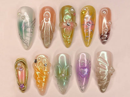 Vibrant 3D Gel Nail Set | Colorful Press On Nails | Beautiful Y2K 3D Gel Manicure | Unique Y2K Floral Patterns | J260