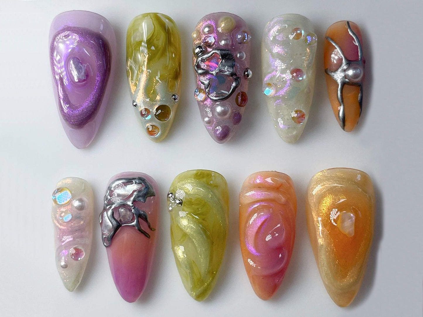 Vibrant 3D Gel Nail Set | Colorful Press On Nails | Beautiful Y2K 3D Gel Manicure | Unique Y2K Floral Patterns | JT282