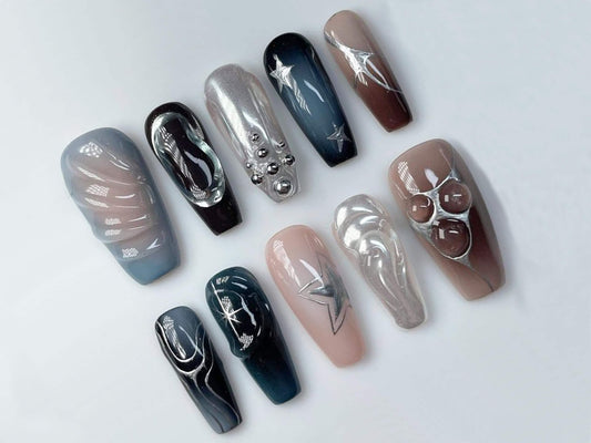 3D Gel Press On Nails | Handcrafted Nail | Gel x Nails | Press-On Nails with Unique Chrome Designs | JT234