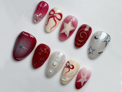 Y2k Nail Set with Elegant Motifs | Y2k-Inspired Press On Nails| Red and White with Unique Chrome Designs | JT286