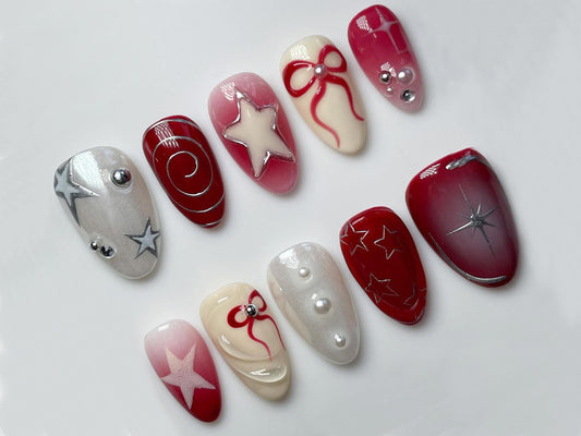 Y2k Nail Set with Elegant Motifs | Y2k-Inspired Press On Nails| Red and White with Unique Chrome Designs | JT286