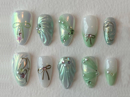 Y2K Style Green and White Nail Set : 3D Raised Gel and Adorable Bow Patterns | Y2K Pres On Nails | Trendy Green and White Nail Kit | JT241