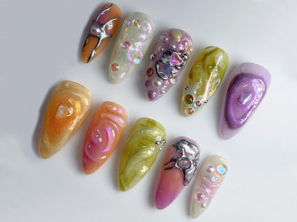 Vibrant 3D Gel Nail Set | Colorful Press On Nails | Beautiful Y2K 3D Gel Manicure | Unique Y2K Floral Patterns | JT282