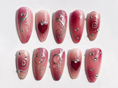 Red Heart Press On Nails | Red & White Ombre Nail Set with 3D Heart Design | Silver Patterns | Standout Style for Any Event | JT296