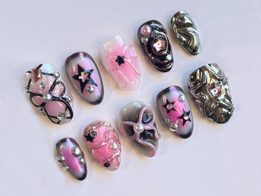 Mystical Pink Press On Nails | 3D Black Enigmatic Patterns | Artistic Nails with High Quality | Nail Art | J216