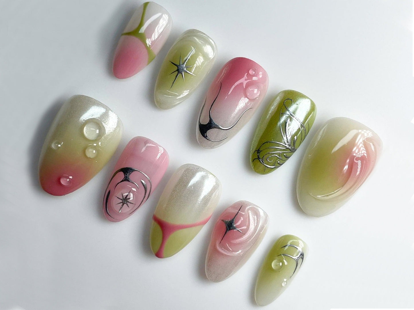 Y2K-Inspired Nails : Style Light Ombre Pink Green Nail Set Elegant Motifs | 3D Nail Art | Press On Nails | JT291