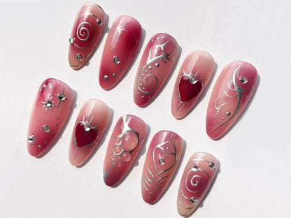 Red Heart Press On Nails | Red & White Ombre Nail Set with 3D Heart Design | Silver Patterns | Standout Style for Any Event | JT296