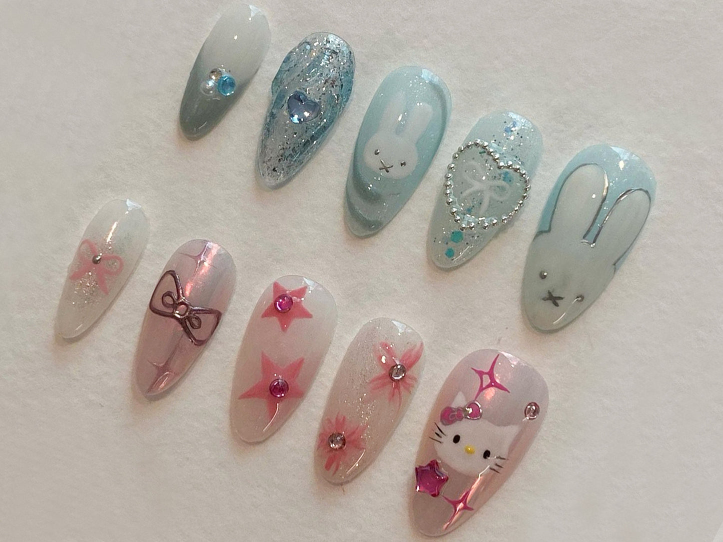 Cute Press On Nails : Pretty Blue and Pink Nails With 3D Patterns | Unique Rabbit and Kitty Decoration Product | Kawaii Nails | JT298