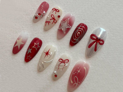 Y2k Nail Set with Elegant Motifs | Y2k-Inspired Press On Nails| Red and White with Unique Chrome Designs | JT332
