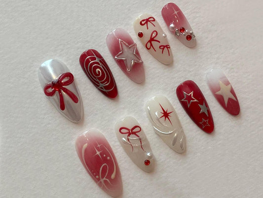 Y2k Nail Set with Elegant Motifs | Y2k-Inspired Press On Nails| Red and White with Unique Chrome Designs | JT332