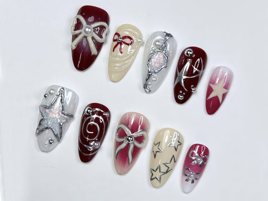 Press On Nails with Elegant Motifs | Y2k-Inspired Press On Nails| Red and White with Unique Chrome Designs | JT333