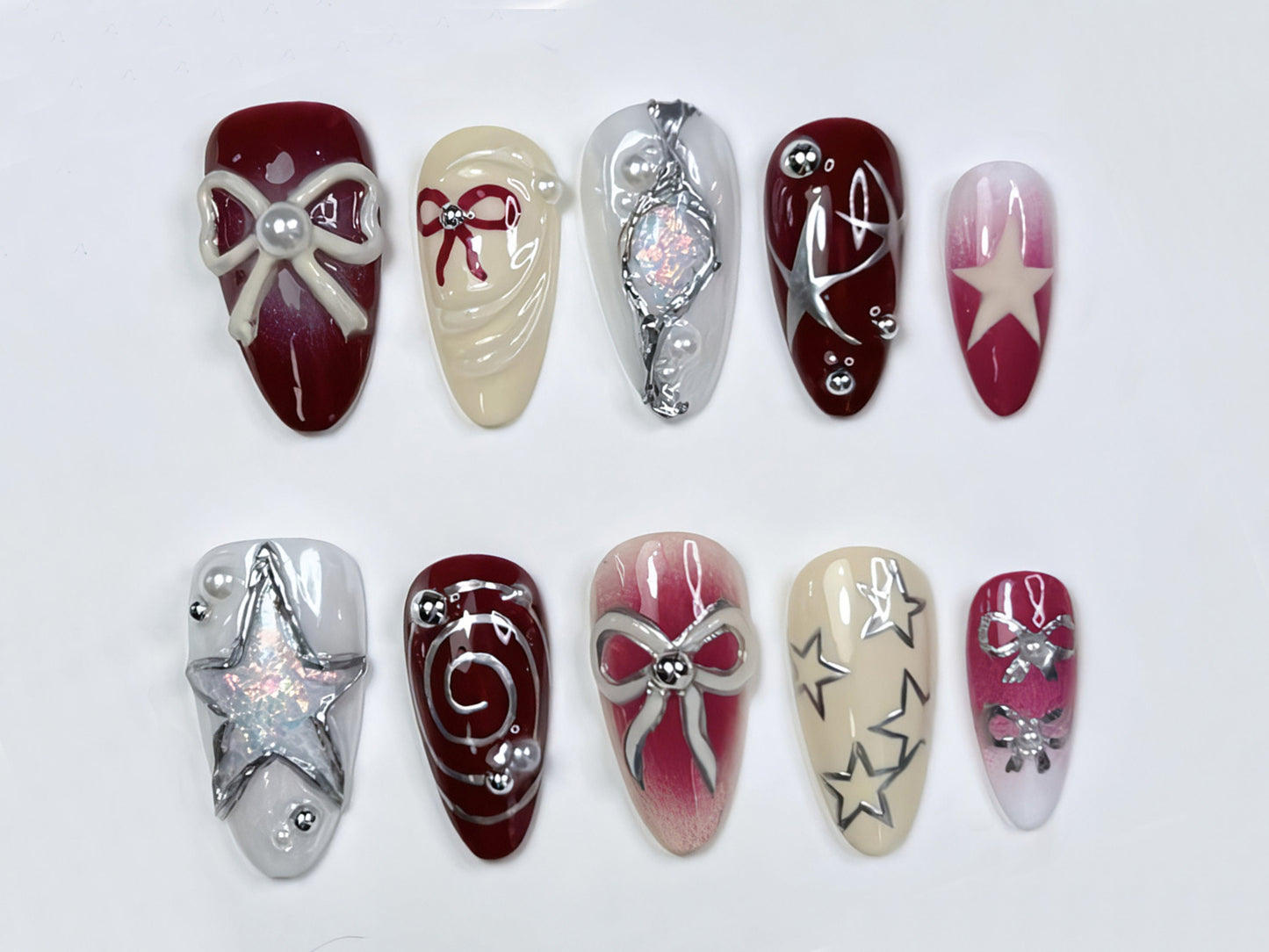 Press On Nails with Elegant Motifs | Y2k-Inspired Press On Nails| Red and White with Unique Chrome Designs | JT333