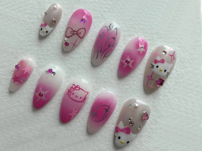 Hello Kitty-Inspired Nail Art: Adorable Pink Ombre Magic| Handmade Hello Kitty Gel Nails| Cute Press On Nails| JT338