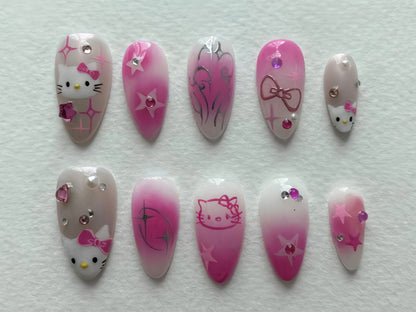 Hello Kitty-Inspired Nail Art: Adorable Pink Ombre Magic| Handmade Hello Kitty Gel Nails| Cute Press On Nails| JT338